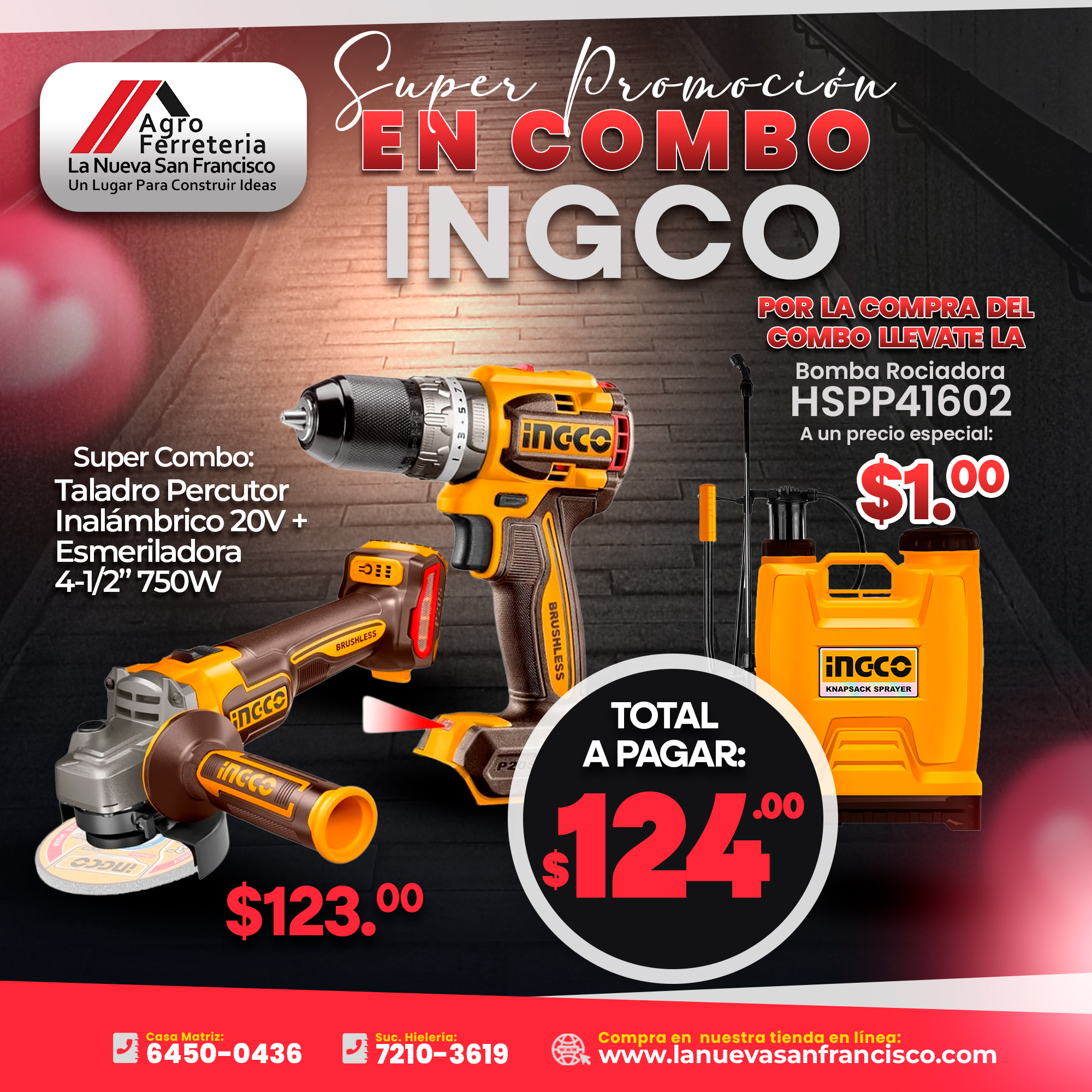 Combo INGCO UCKLI20273 | Taladro Percutor Inalámbrico 20V + Esmeriladora 4-1/2” 750W
